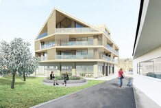 Holzbau mit weit auskragenden Balkonen